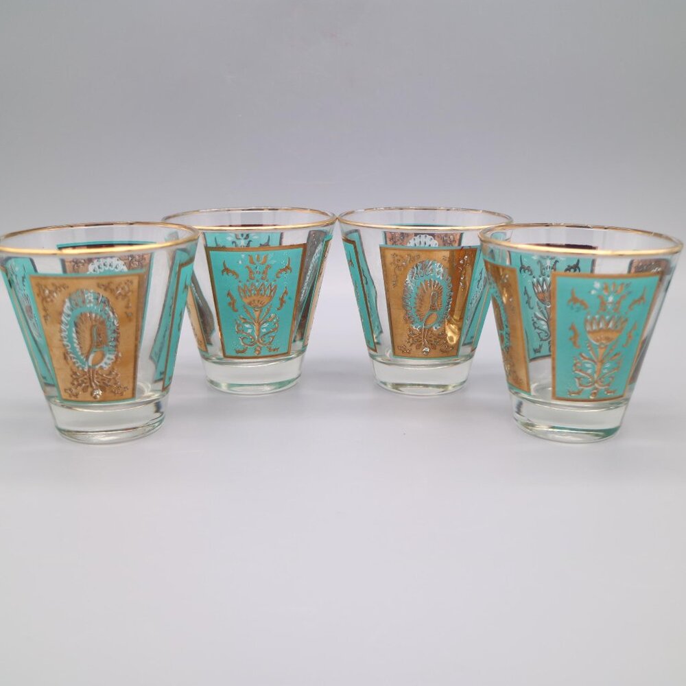 Vintage Dominion Glass Canada | Gold and Aqua Peacock Glasses (Set of 8)